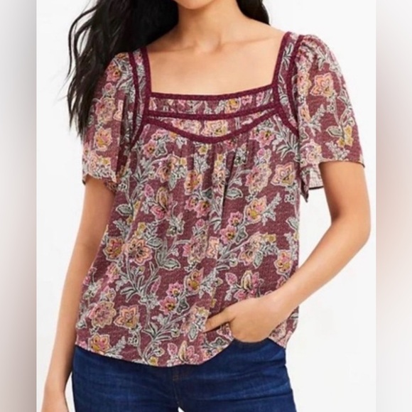 LOFT Tops - Loft Burgundy Paisley Floral Flutter Sleeve Blouse Square Neck Size XXL